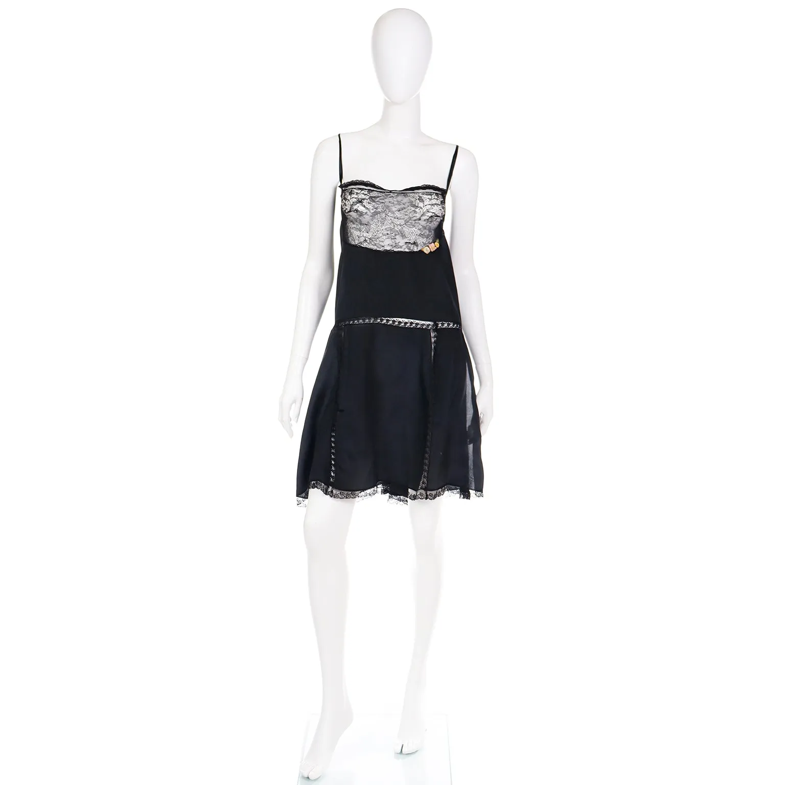 1920s Flapper Black Chemise Teddy Slip or Dress With Lace Bodice