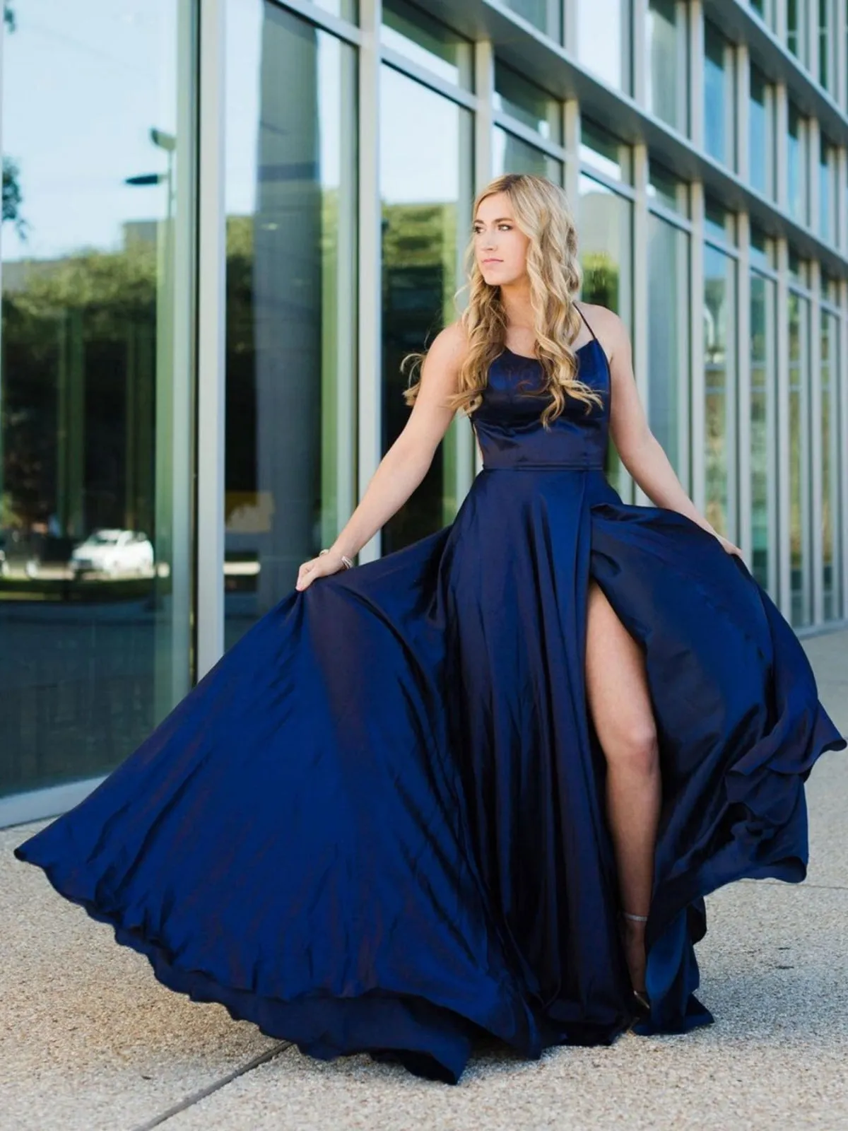 A Line Backless Navy Blue Satin Long Prom Dresses, Backless Navy Blue Formal Graduation Evening Dresses SP2467