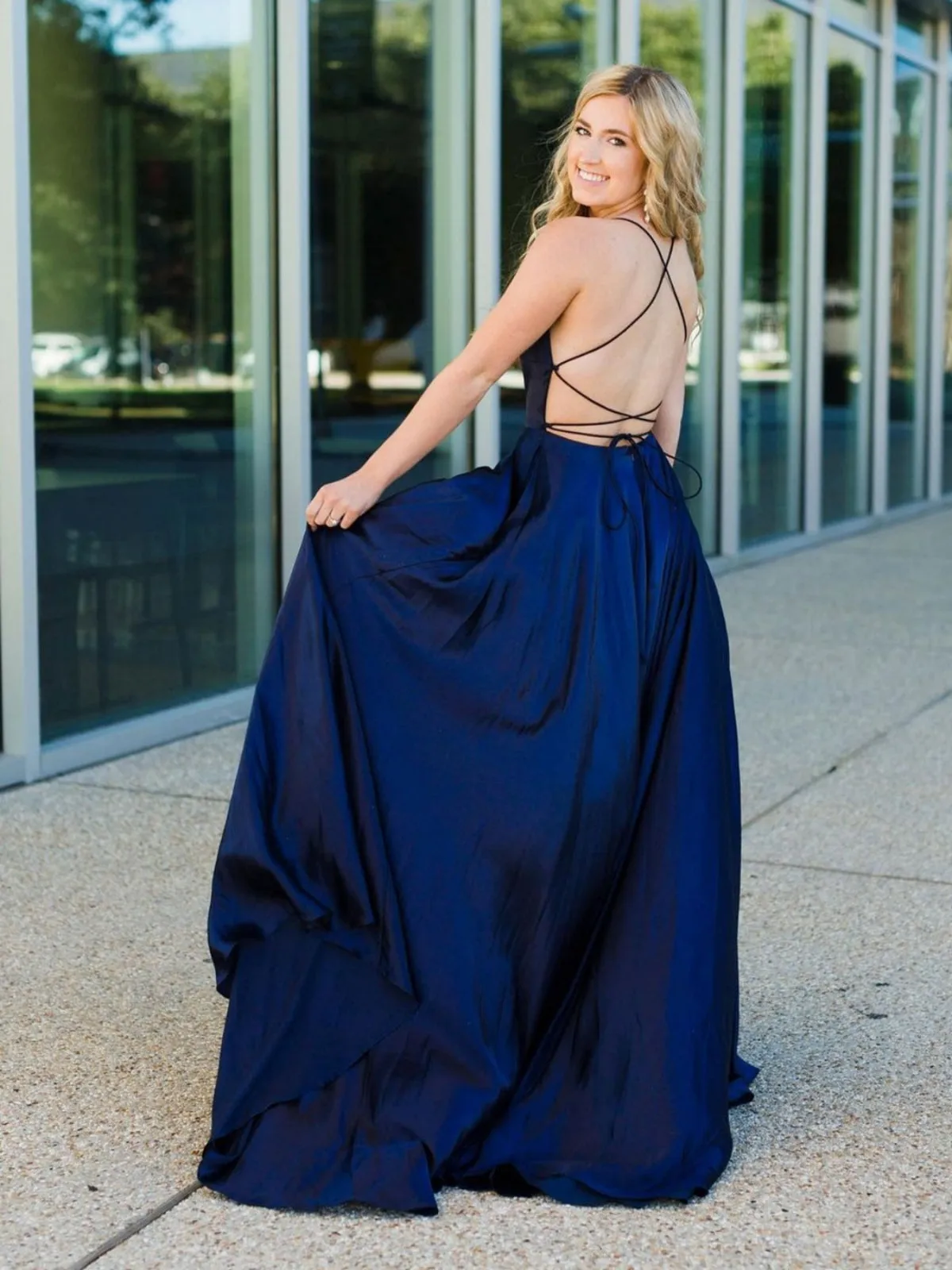 A Line Backless Navy Blue Satin Long Prom Dresses, Backless Navy Blue Formal Graduation Evening Dresses SP2467