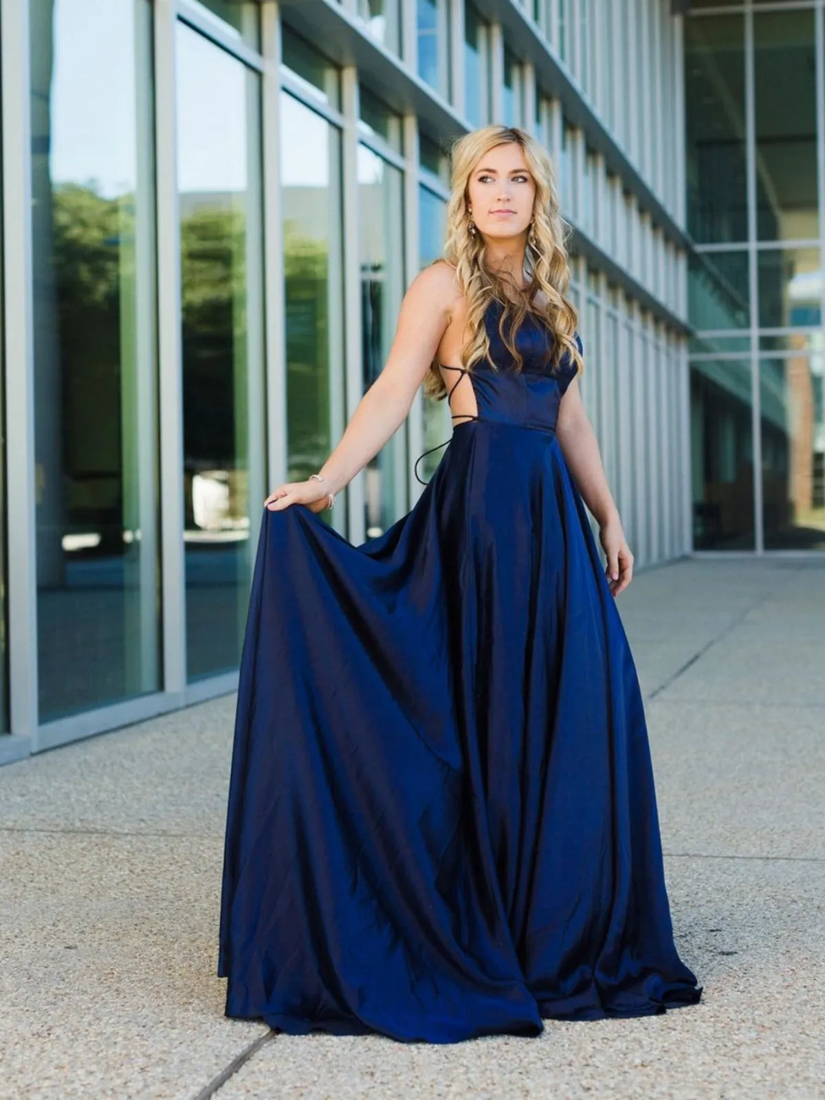 A Line Backless Navy Blue Satin Long Prom Dresses, Backless Navy Blue Formal Graduation Evening Dresses SP2467