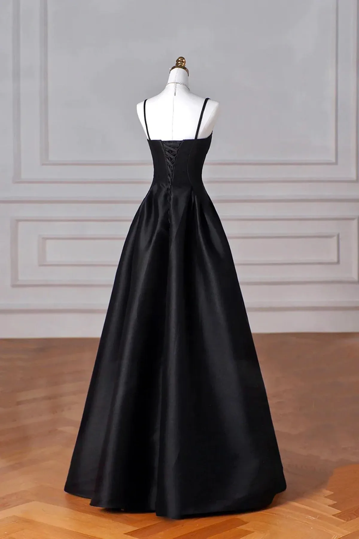 A-line Satin Black Long Party Dress, Black Sweetheart Straps Prom Dress