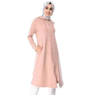 Abaci Long Modest Hooded Sweater Tunic 8299 Pink