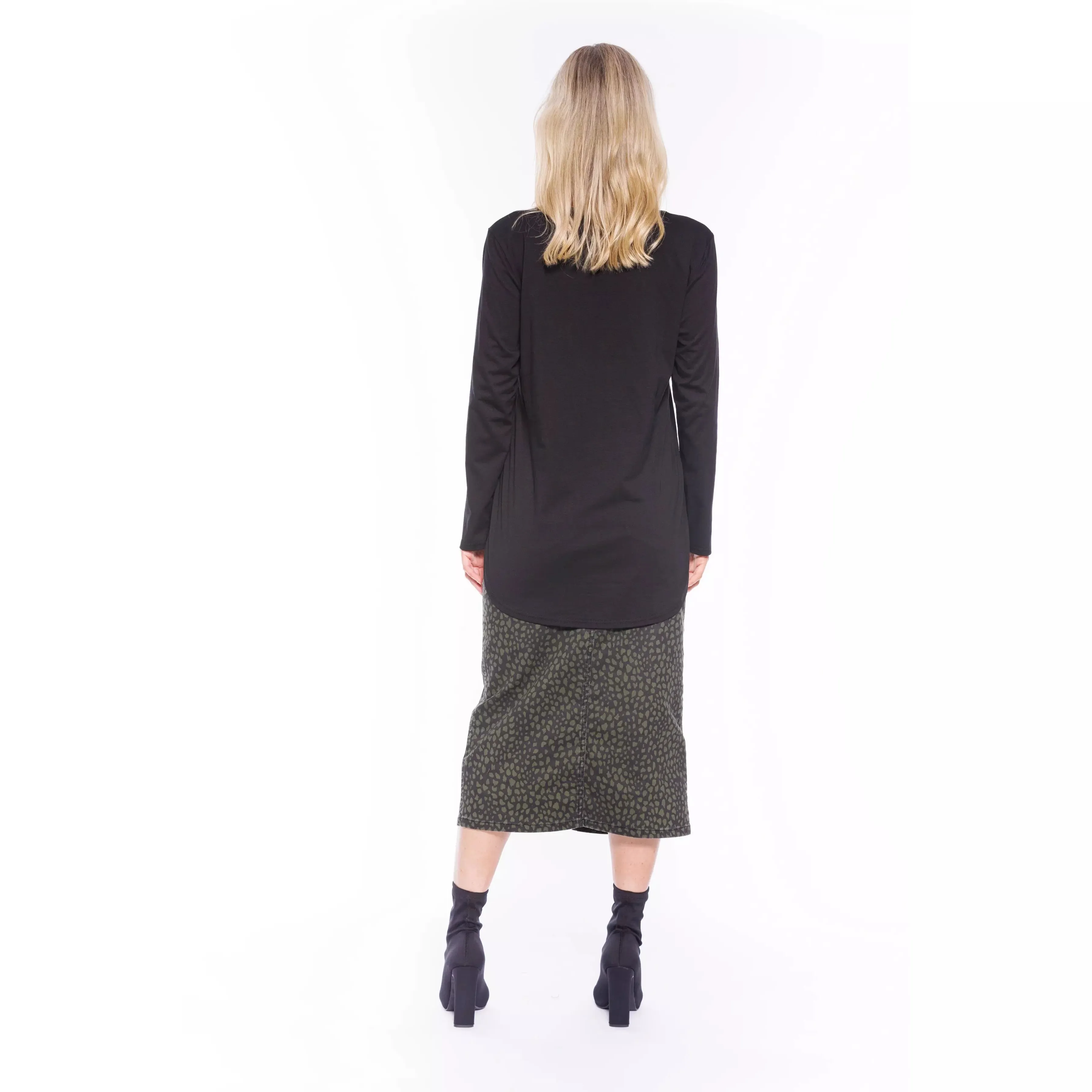 Animal Print Midi Length Jean Skirt - Khaki & Black