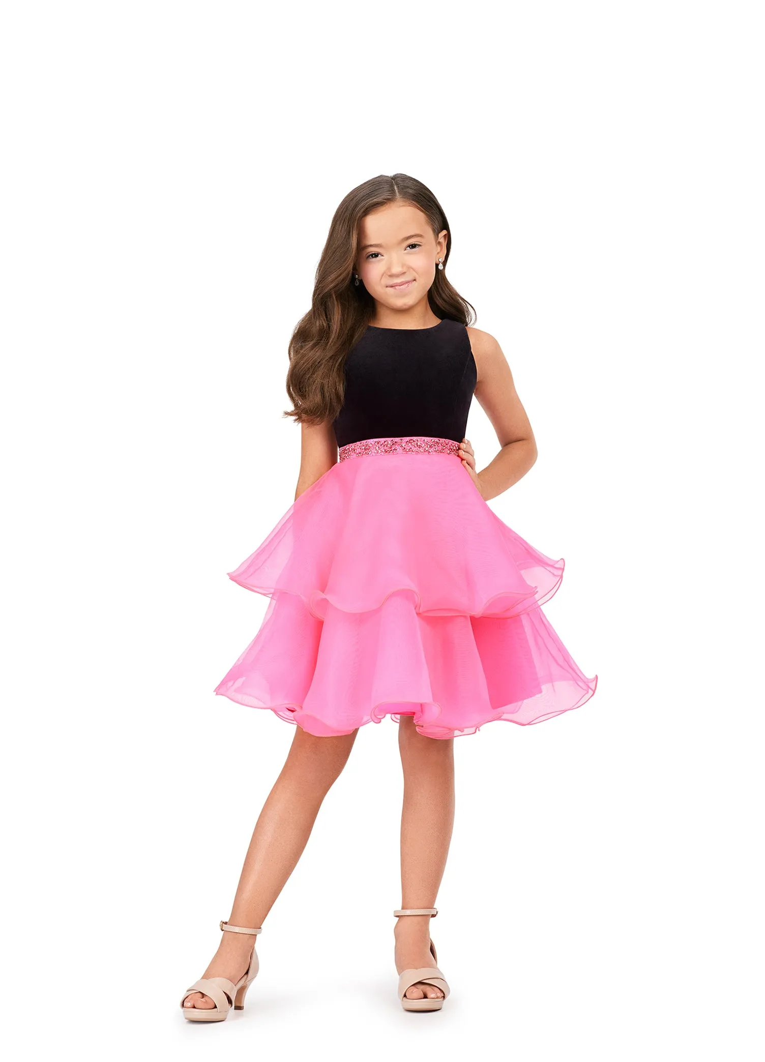 Ashley Lauren Kids 8216 Velvet Bustier And Organza Skirt Beaded Detail Crew Neckline Cocktail Dress