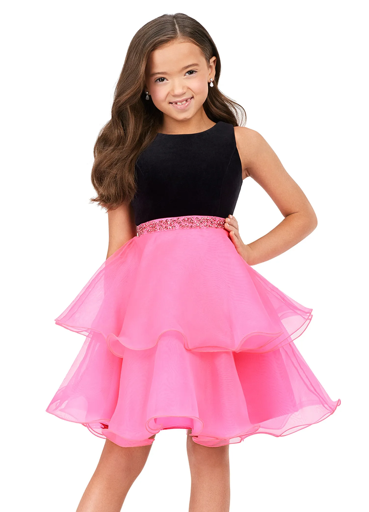 Ashley Lauren Kids 8216 Velvet Bustier And Organza Skirt Beaded Detail Crew Neckline Cocktail Dress