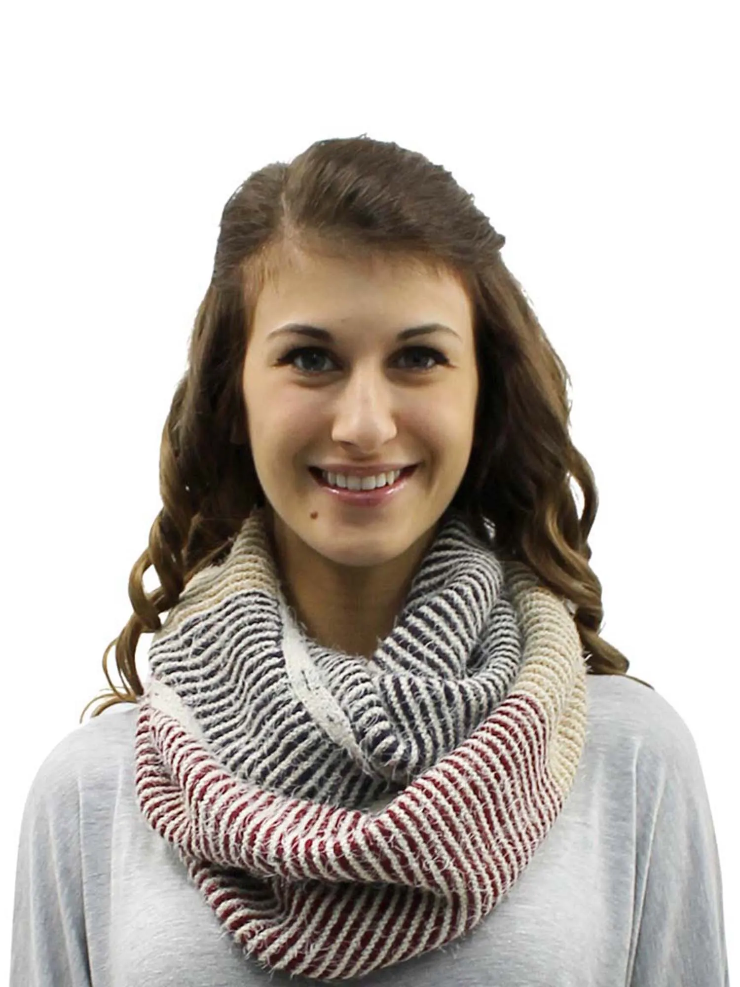 Beige White Red Striped Fuzzy Eyelash Knit Unisex Winter Infinity Scarf