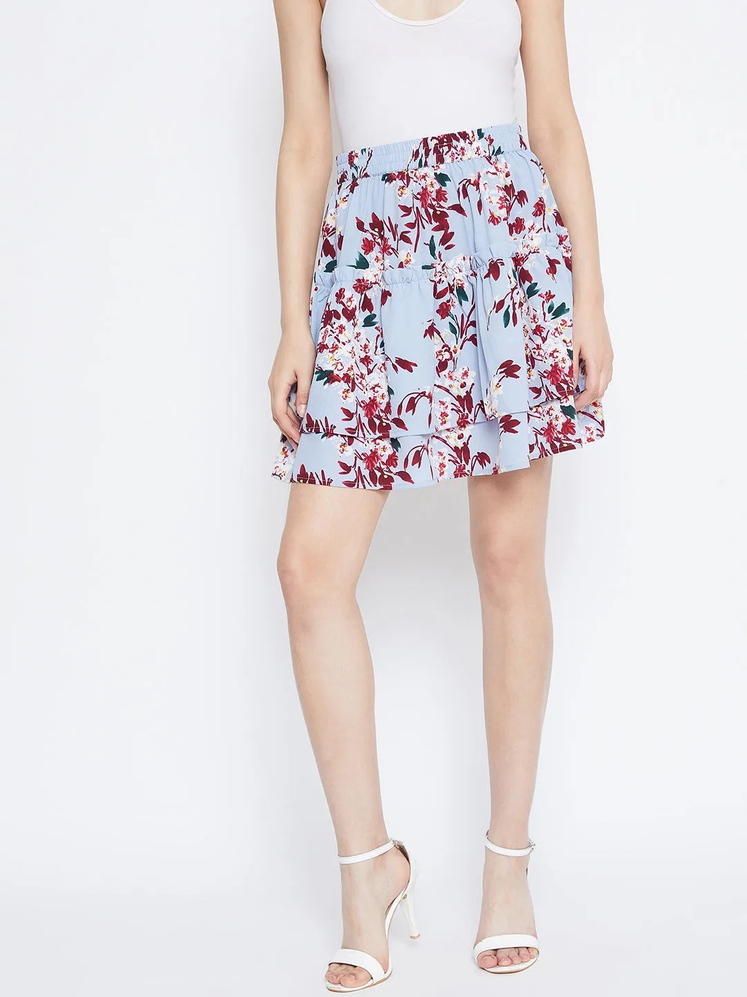 Berrylush Women Blue & Red Floral Print Layered Slip-On Mini Skirt