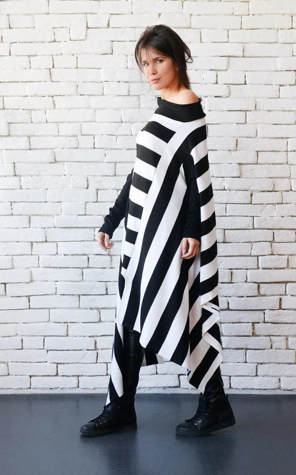 Black and White Stripe Asymmetric Tunic