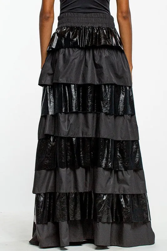 Black Faux Leather Layered Maxi Skirt With Ruffles