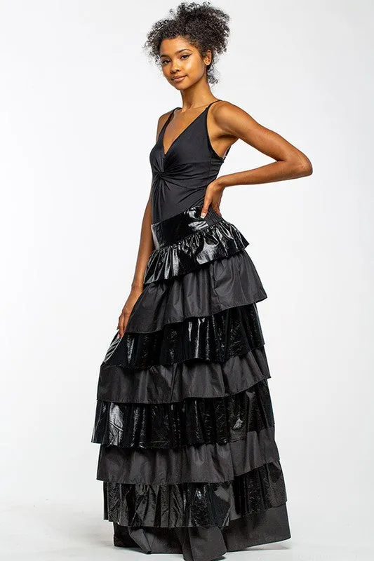 Black Faux Leather Layered Maxi Skirt With Ruffles