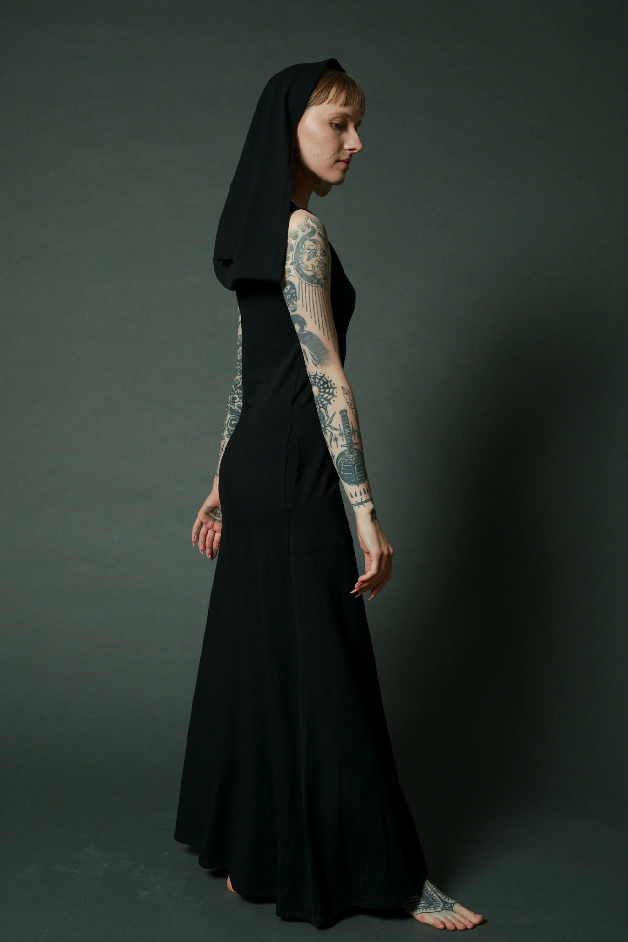 Black Maxi Dress with extra long hoodie