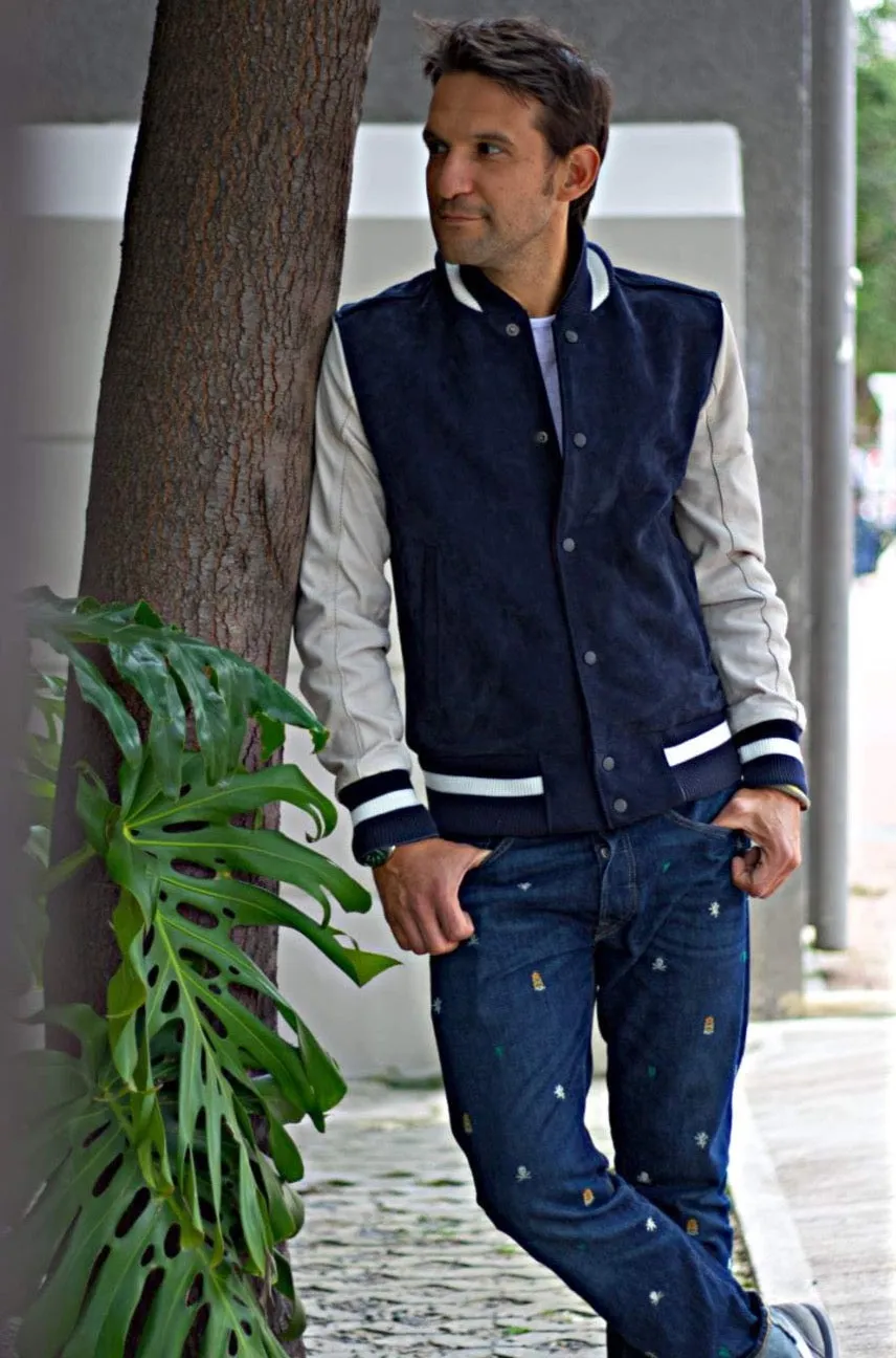 BOSTON Leather Bison Suede Varsity Jacket - Blue & Ivory