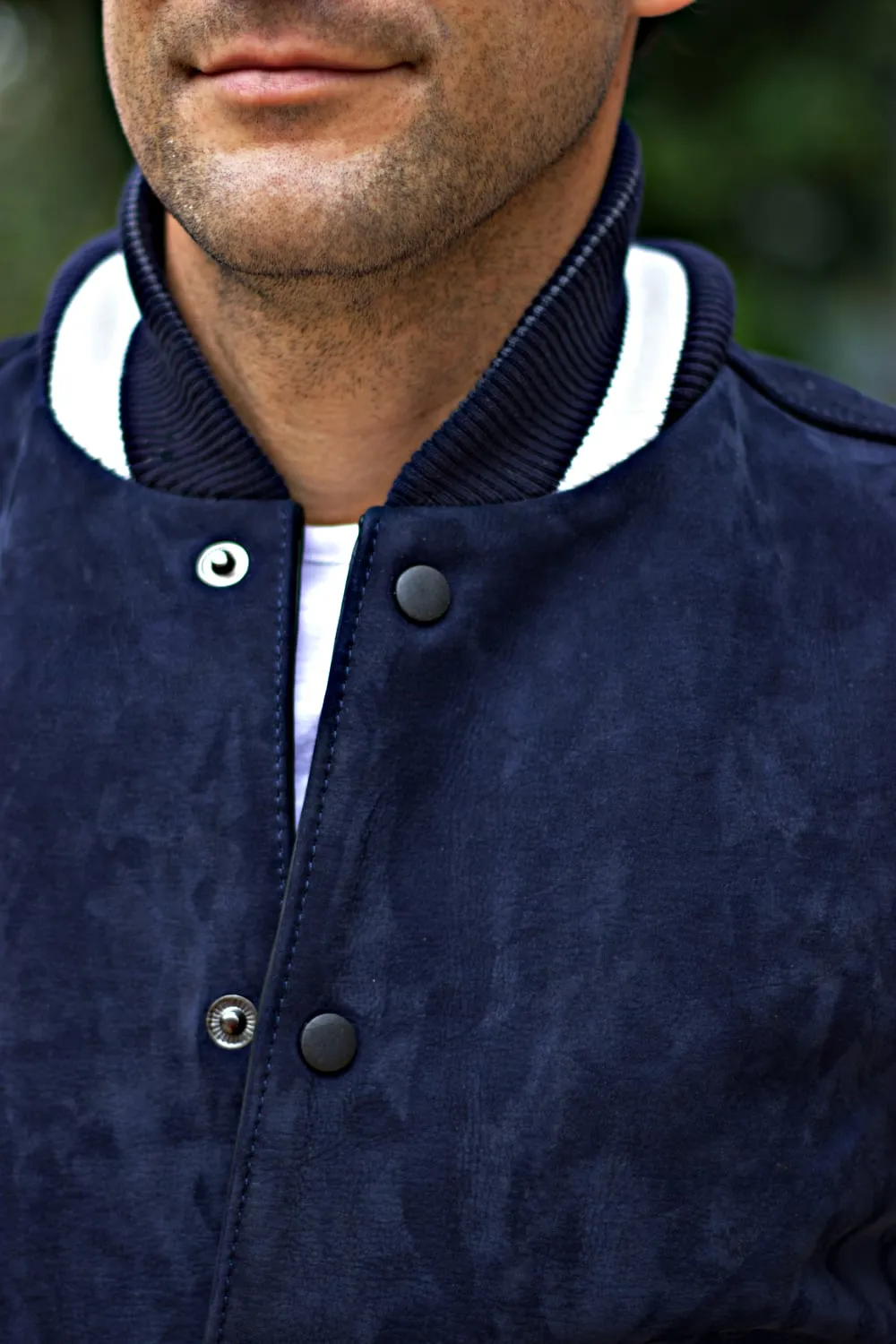 BOSTON Leather Bison Suede Varsity Jacket - Blue & Ivory