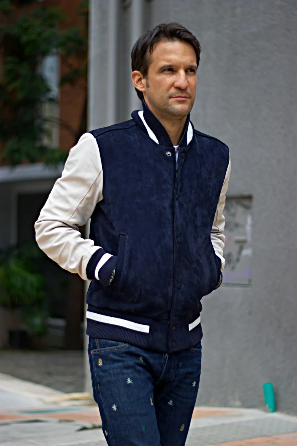 BOSTON Leather Bison Suede Varsity Jacket - Blue & Ivory