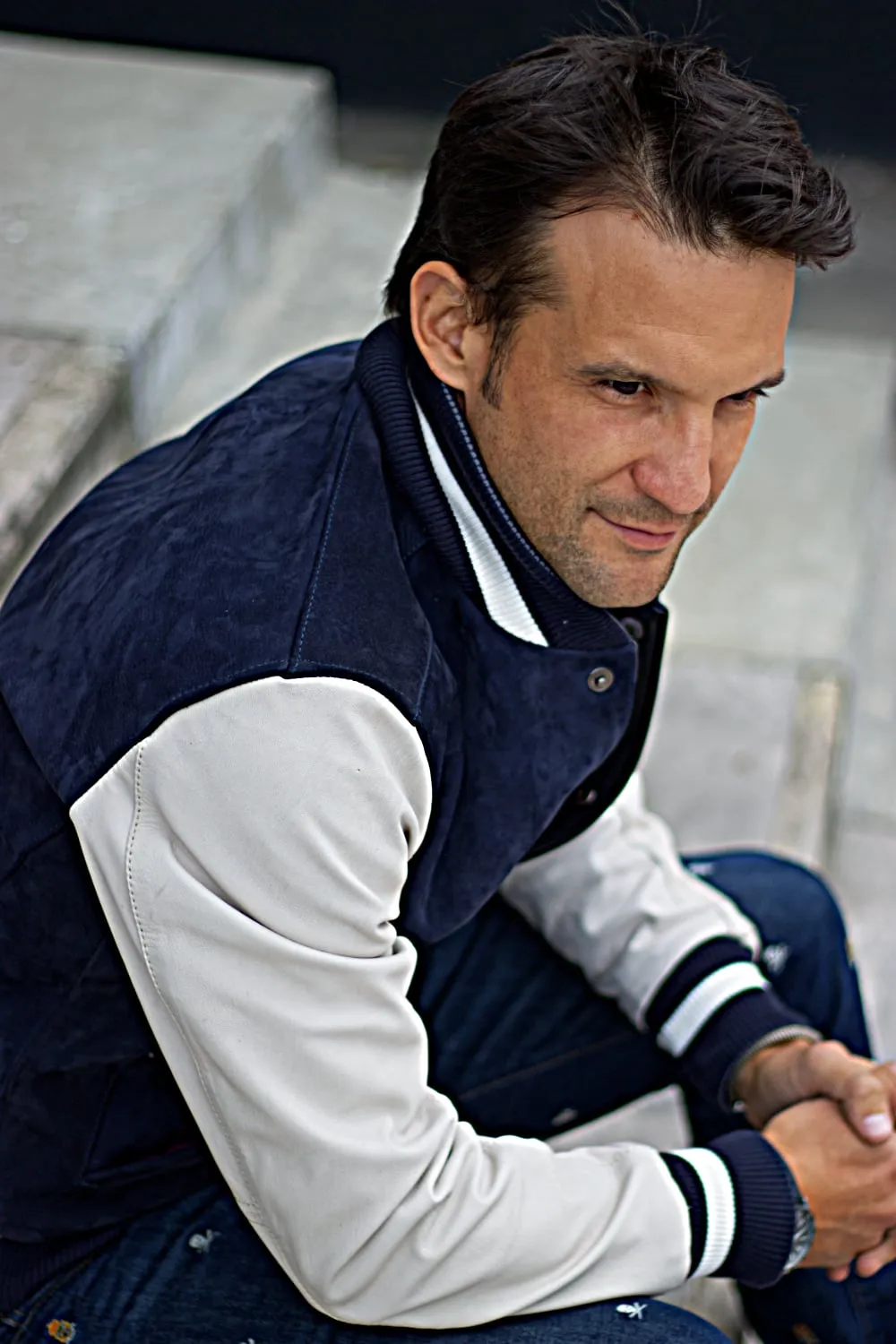 BOSTON Leather Bison Suede Varsity Jacket - Blue & Ivory