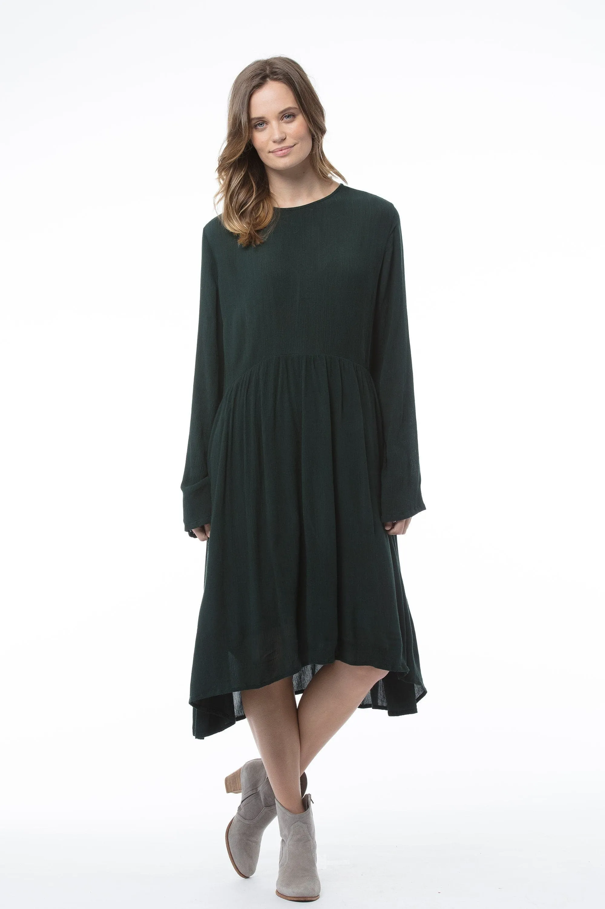 Bottle Green Long Sleeved Round Neck Dress - Penny Dress