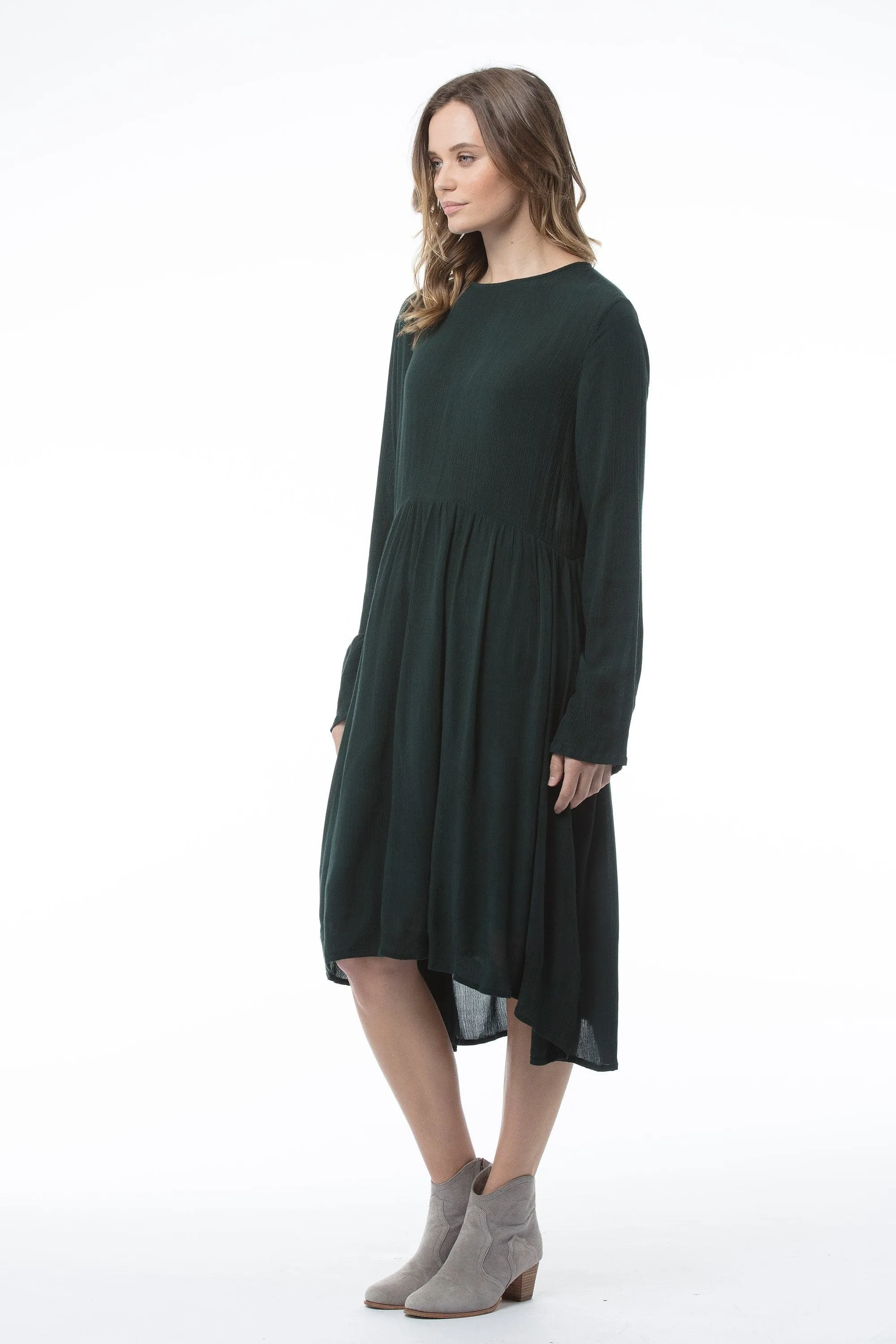 Bottle Green Long Sleeved Round Neck Dress - Penny Dress