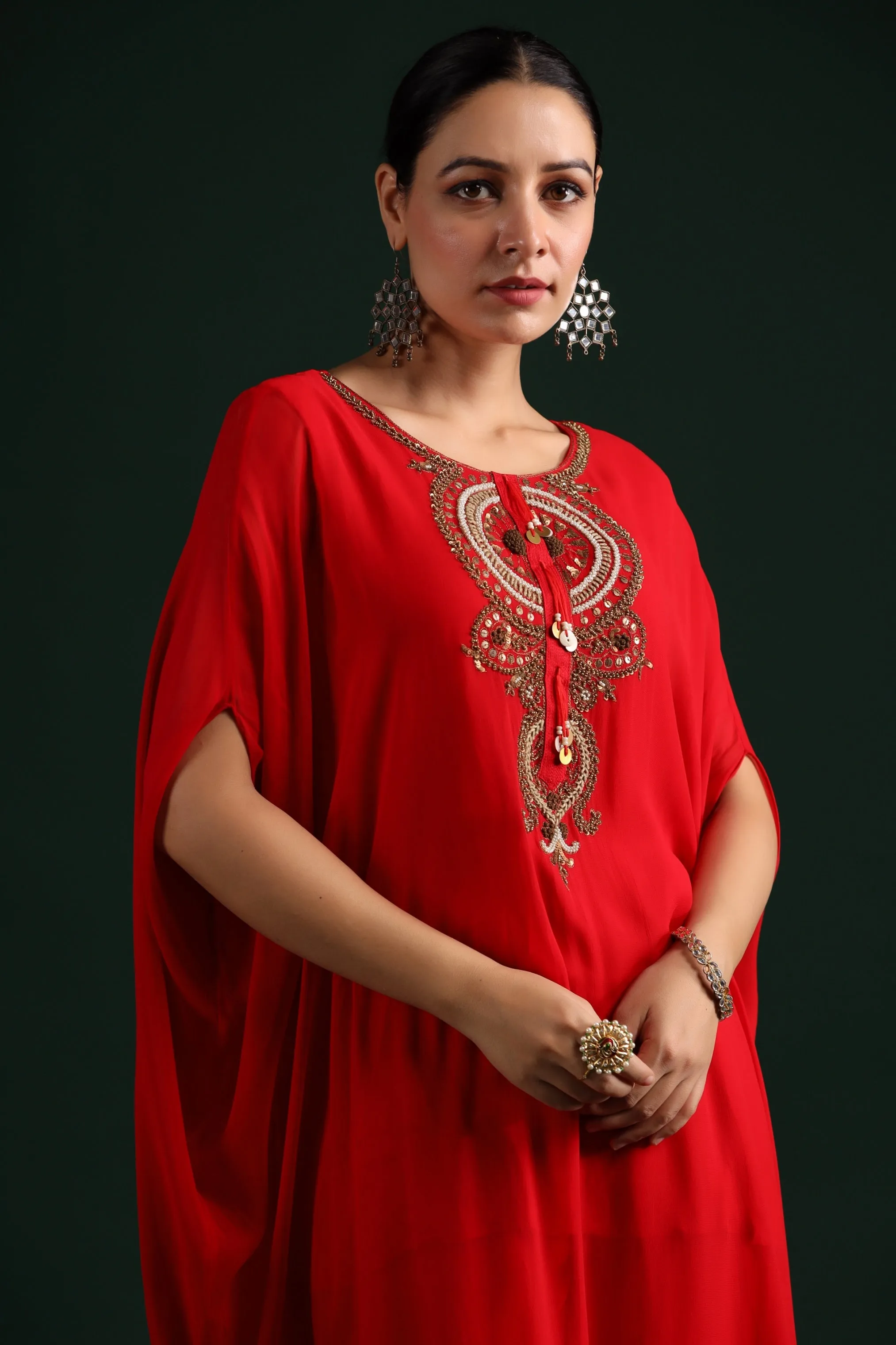 Bright Red Embellished Kaftan Pant Set