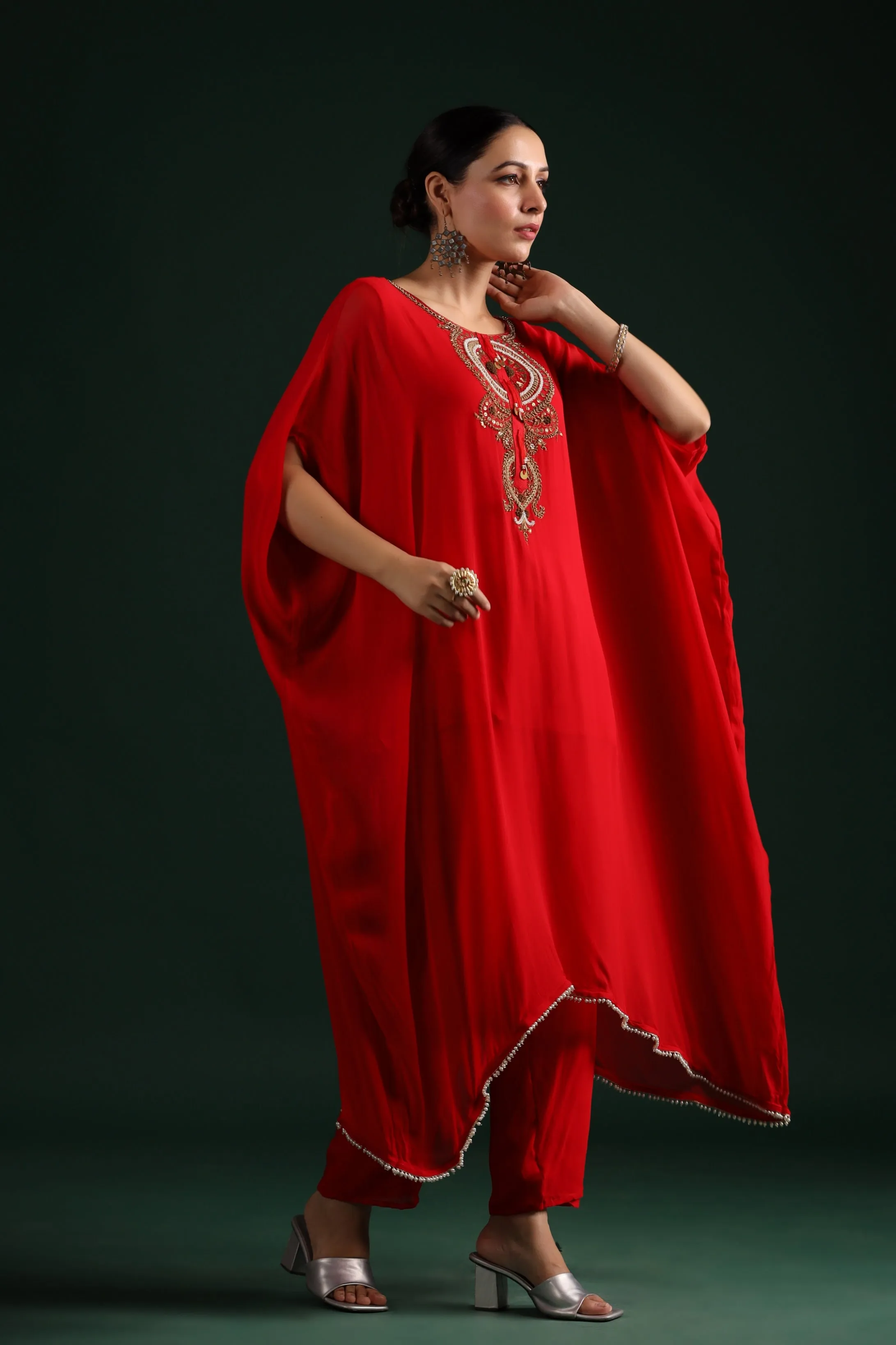 Bright Red Embellished Kaftan Pant Set