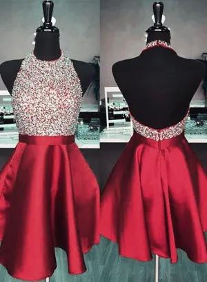 Burgundy Homecoming Dress Halter Neckline, Short Prom Dress, Dance Dress, Formal Dress, Graduation School Party Gown, PC0577