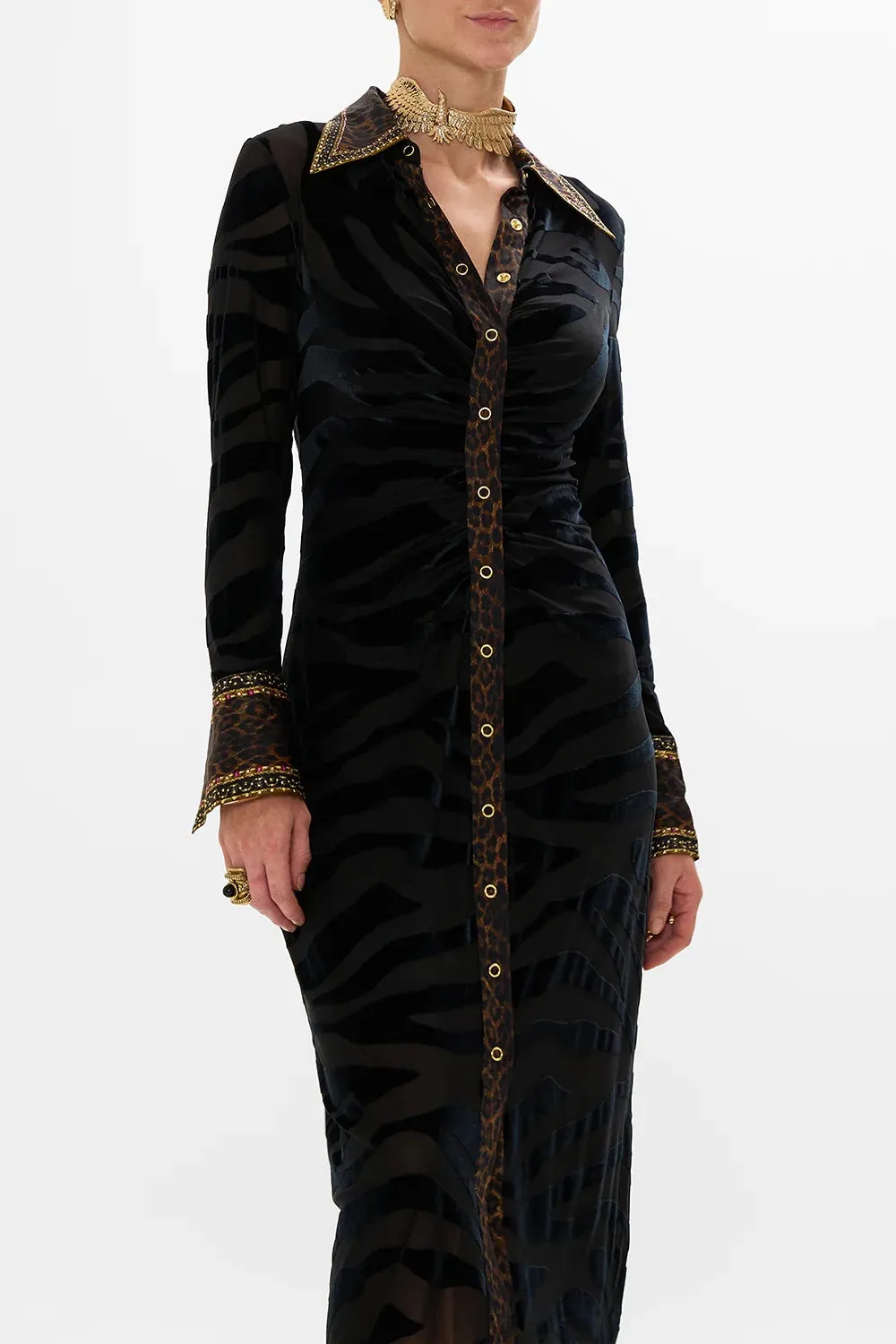 CAMILLA AMSTERGLAM STRETCH VELVET ANIMAL SHIRT DRESS