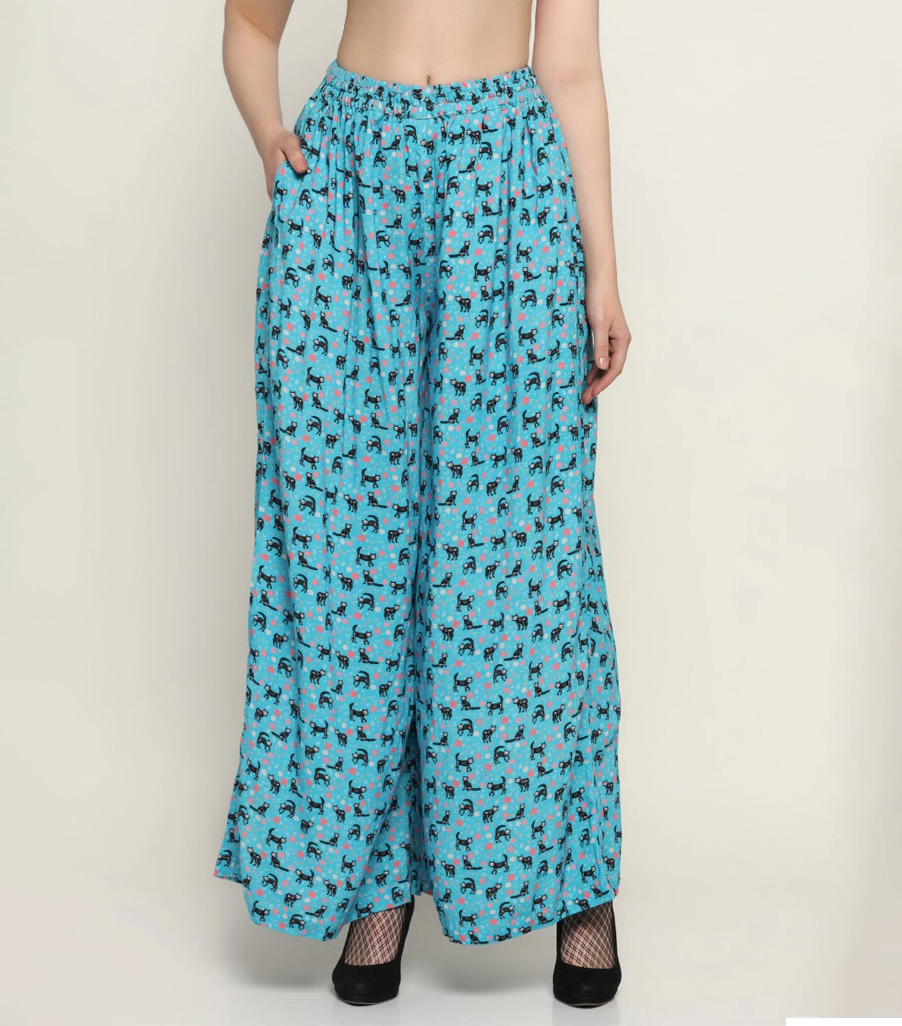 Cat Printed Fabric Relaxed Fit Palazzos