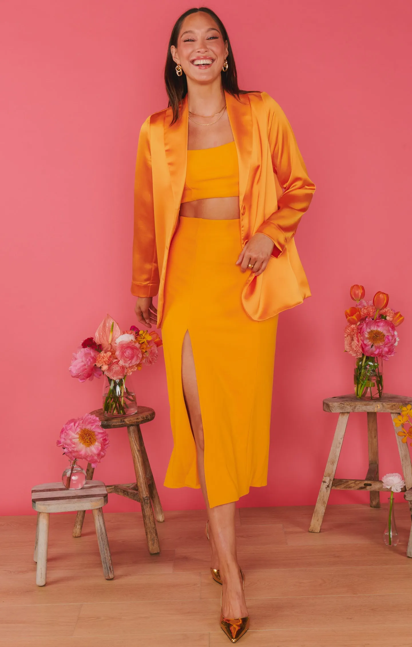 Cecilia Midi Skirt ~ Tangerine Stretch