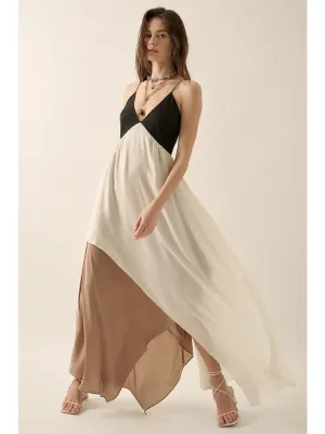 Color Block Satin Plunge-Front Wrap Tulip Maxi Dress