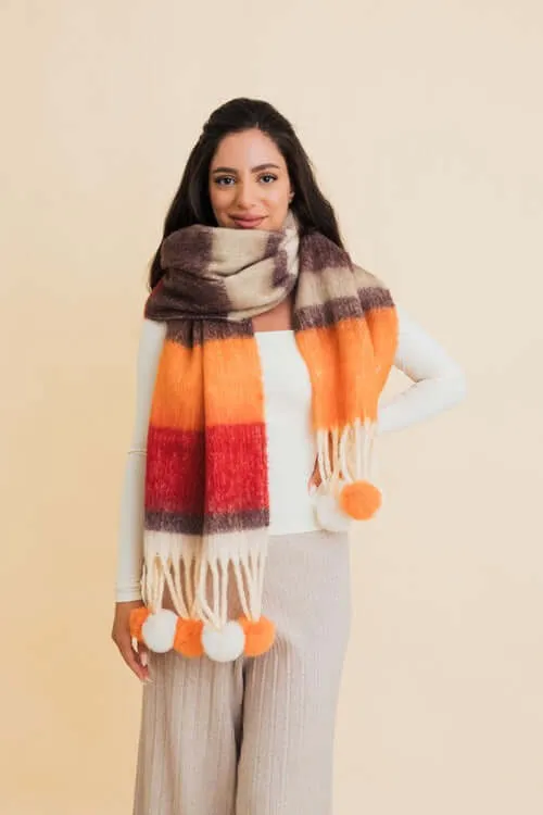 Contrast Color Stripes Chunky Pom Tassel Scarf