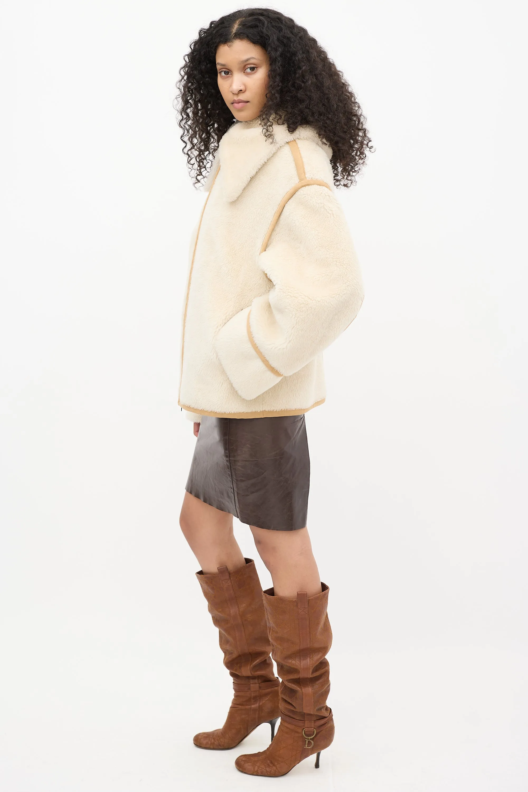 Cream Faux Shearling & Brown Suede Aviator Jacket