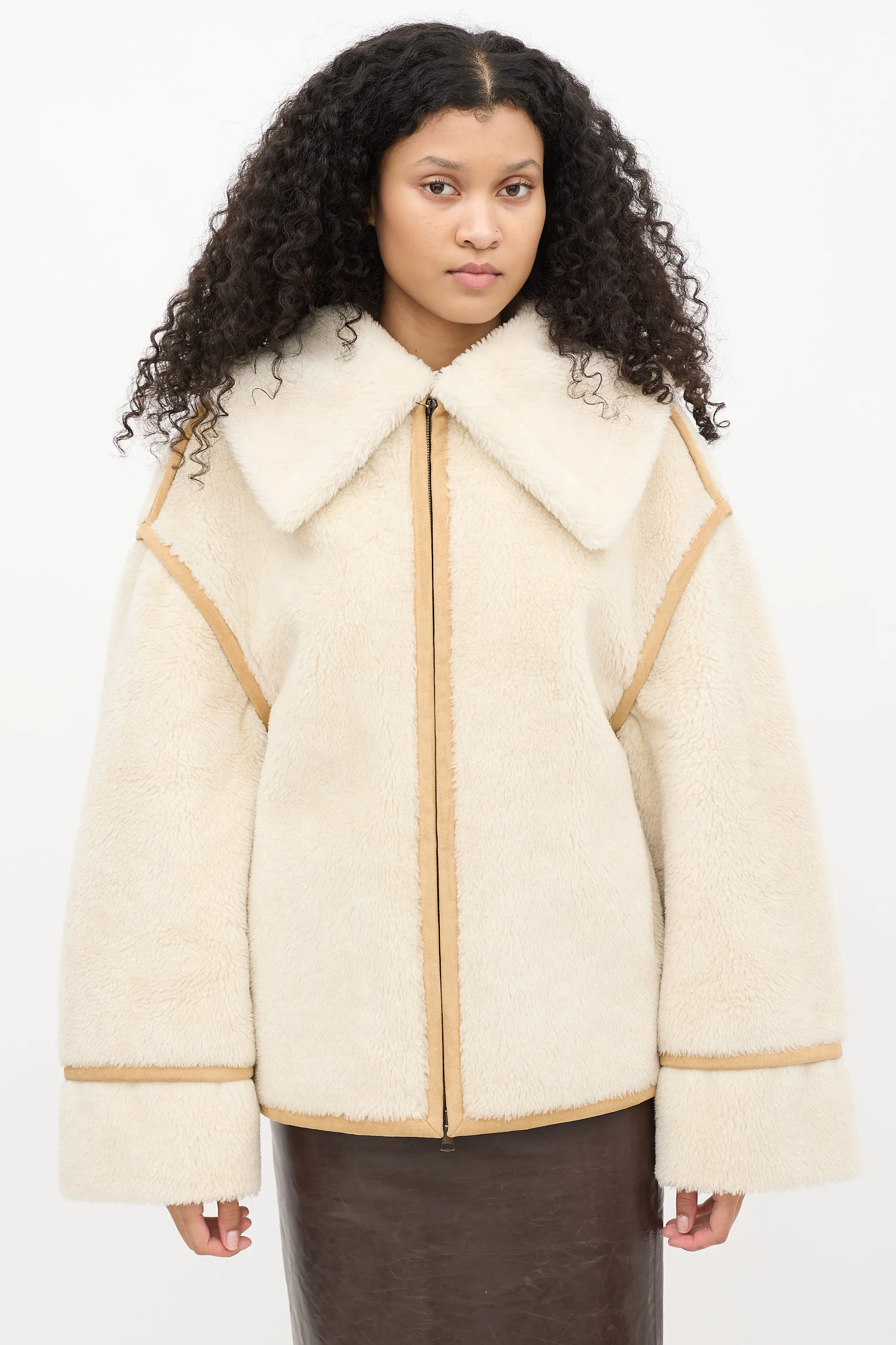 Cream Faux Shearling & Brown Suede Aviator Jacket