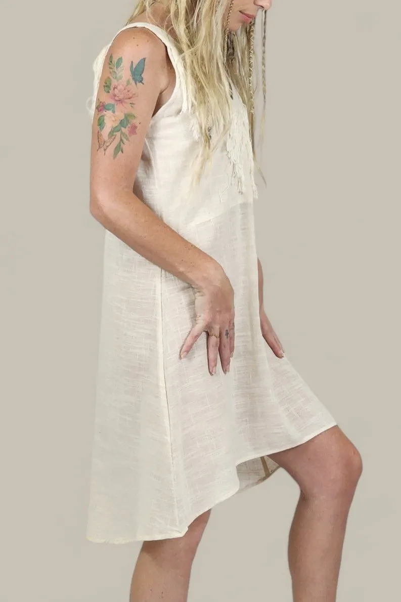 Cream Organic Linen Mini Dress with Fringe