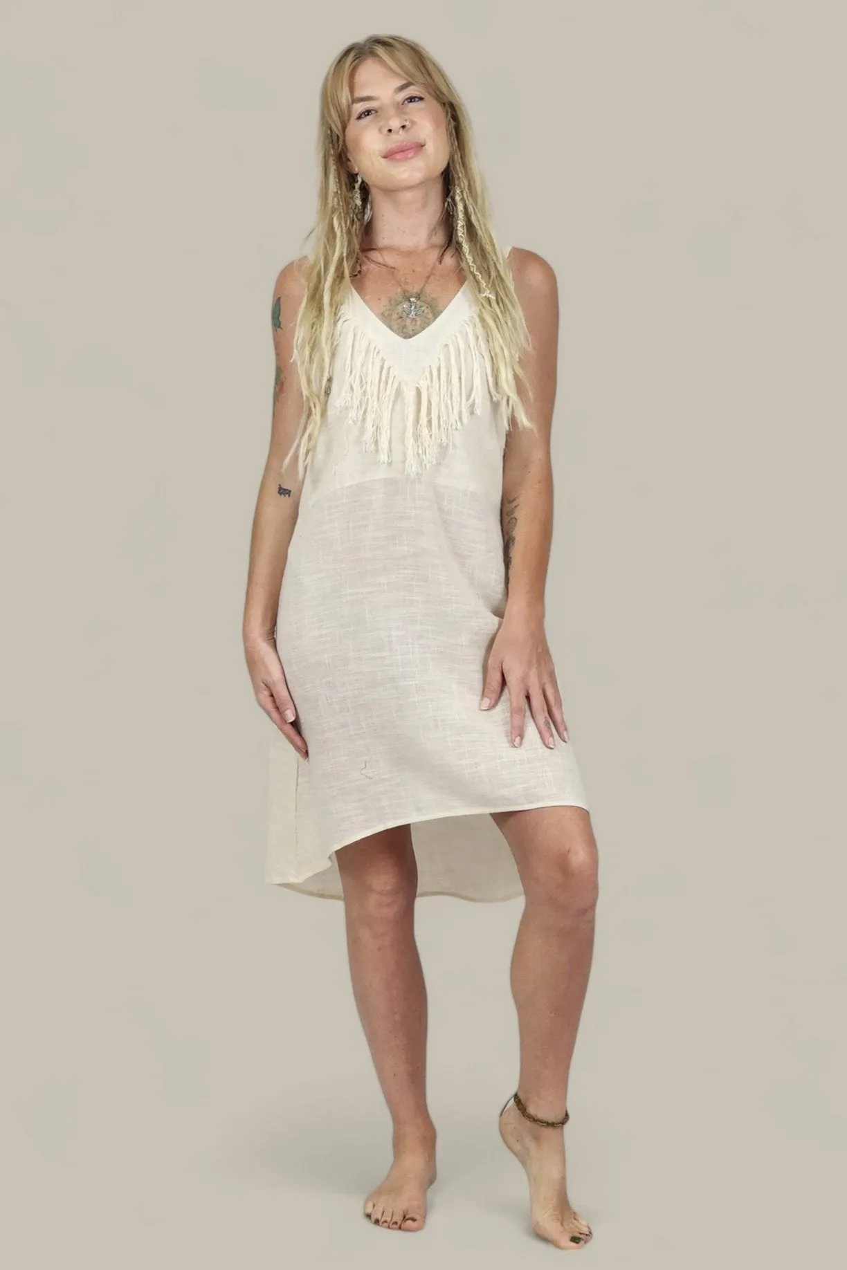 Cream Organic Linen Mini Dress with Fringe