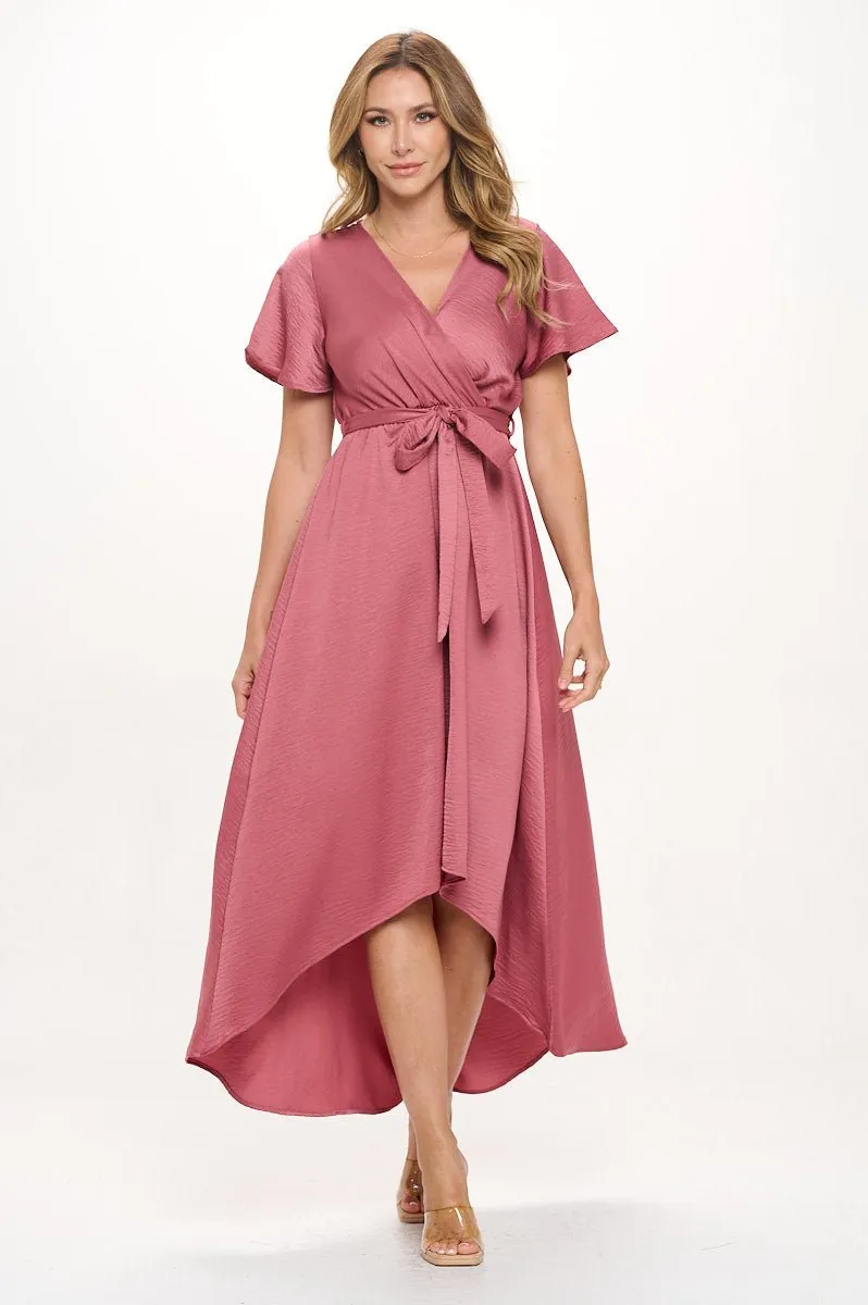 Crinkled Satin Georgia Faux Wrap Dress with Hi-Low Hem and Tie Waist