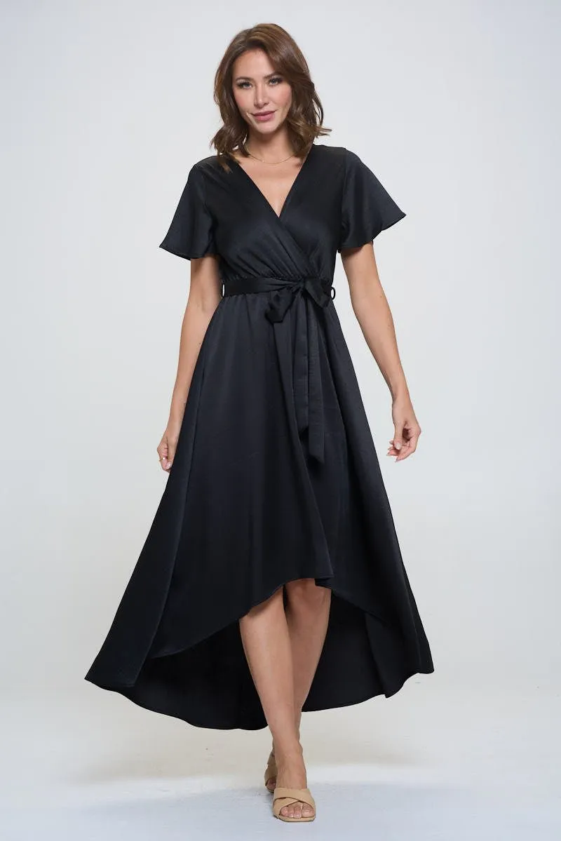 Crinkled Satin Georgia Faux Wrap Dress with Hi-Low Hem and Tie Waist