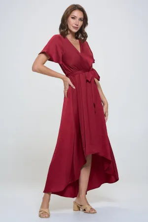 Crinkled Satin Georgia Faux Wrap Dress with Hi-Low Hem and Tie Waist