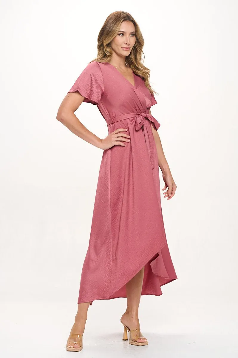 Crinkled Satin Georgia Faux Wrap Dress with Hi-Low Hem and Tie Waist