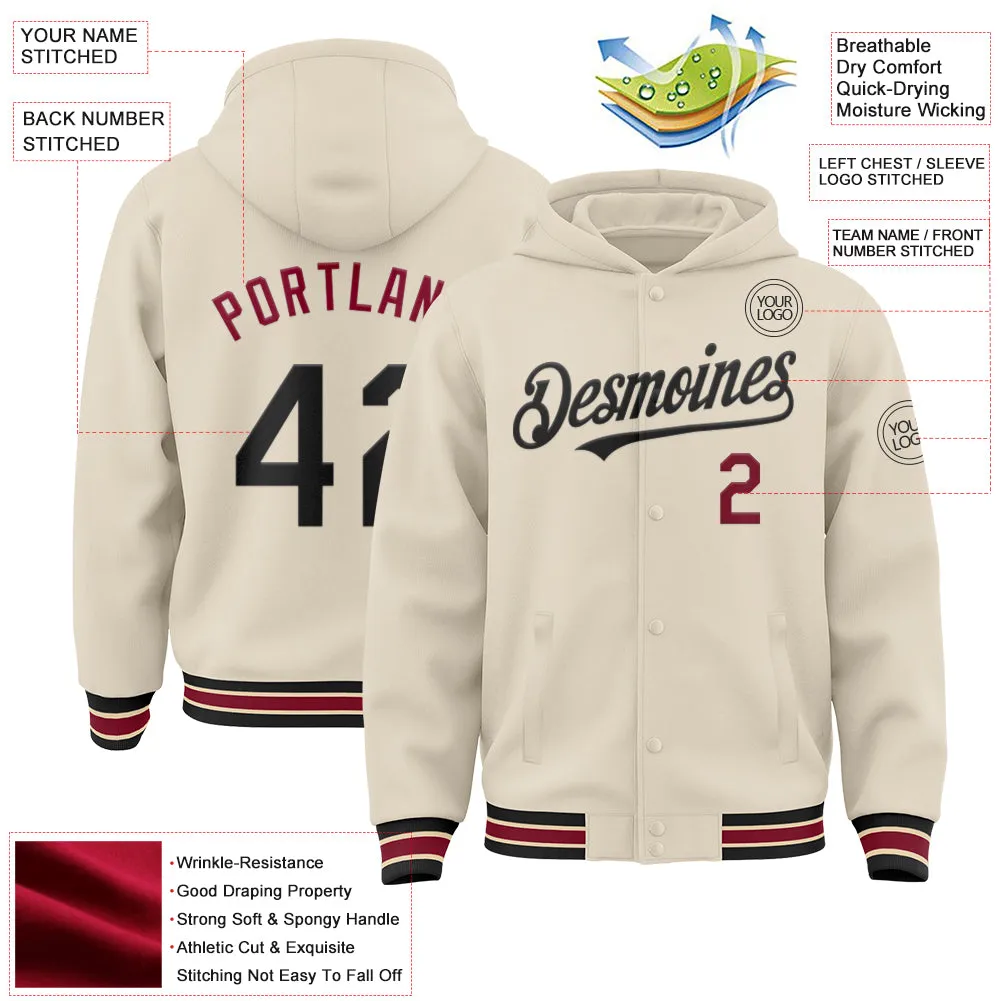 Custom Cream Black Crimson-City Cream Bomber Full-Snap Varsity Letterman Hoodie Jacket