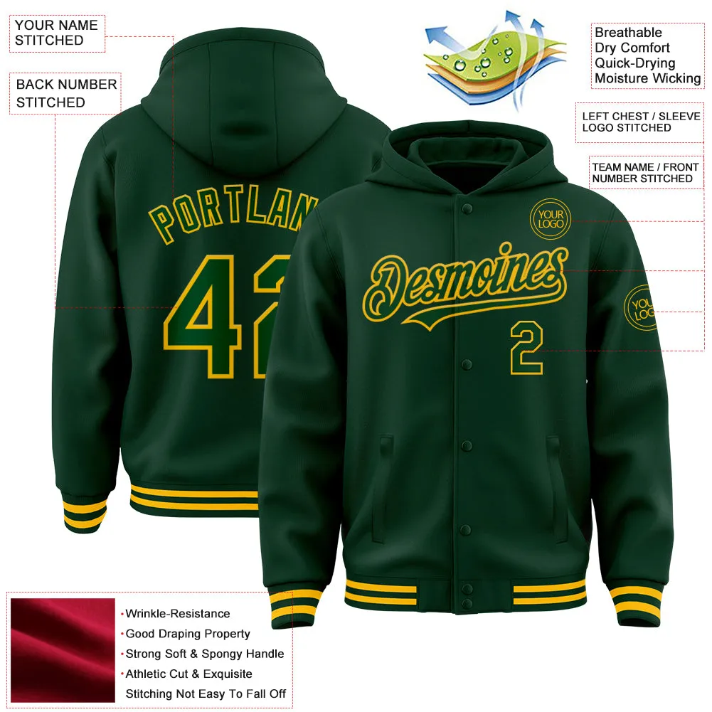 Custom Green Gold Bomber Full-Snap Varsity Letterman Hoodie Jacket