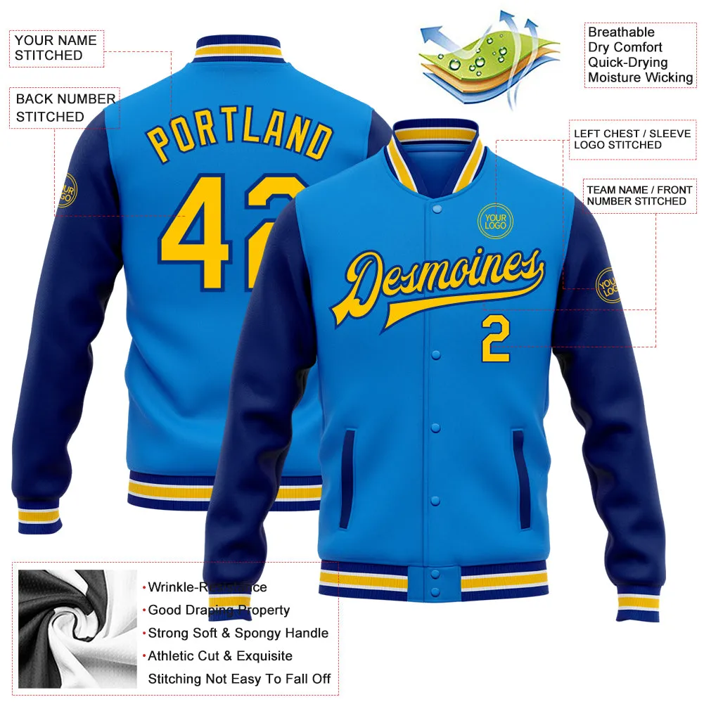 Custom Powder Blue Yellow-Royal Bomber Full-Snap Varsity Letterman Two Tone Jacket