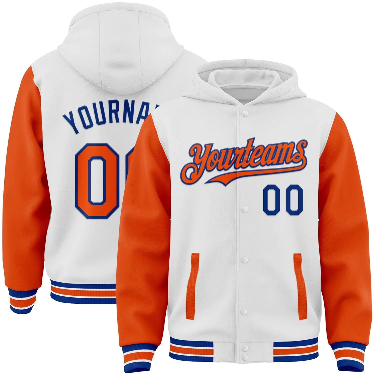 Custom White Orange-Royal Bomber Full-Snap Varsity Letterman Two Tone Hoodie Jacket