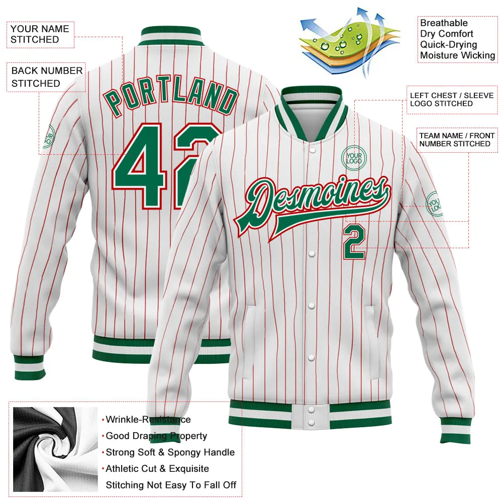 Custom White Red Pinstripe Kelly Green-Red Bomber Full-Snap Varsity Letterman Jacket