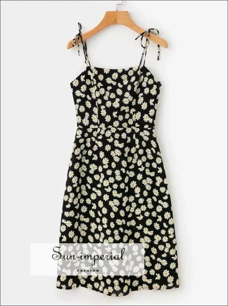 daisy print, florl print, flower printSun-imperial Women Tie Straps Daisy Print Midi Length Dress with back Zipper High Street Fashion