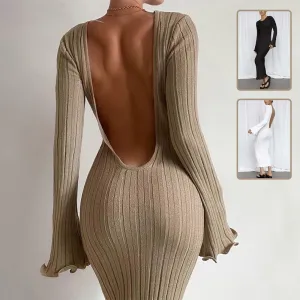 Diva - Fashion Slim Long-sleeved Ruffled Long Dress Sexy Hip-wrapped Back-less Knitted Maxi Dresses.