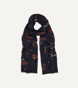 Drake's Mughal Rider and Stars Print Wool Scarf / Navy