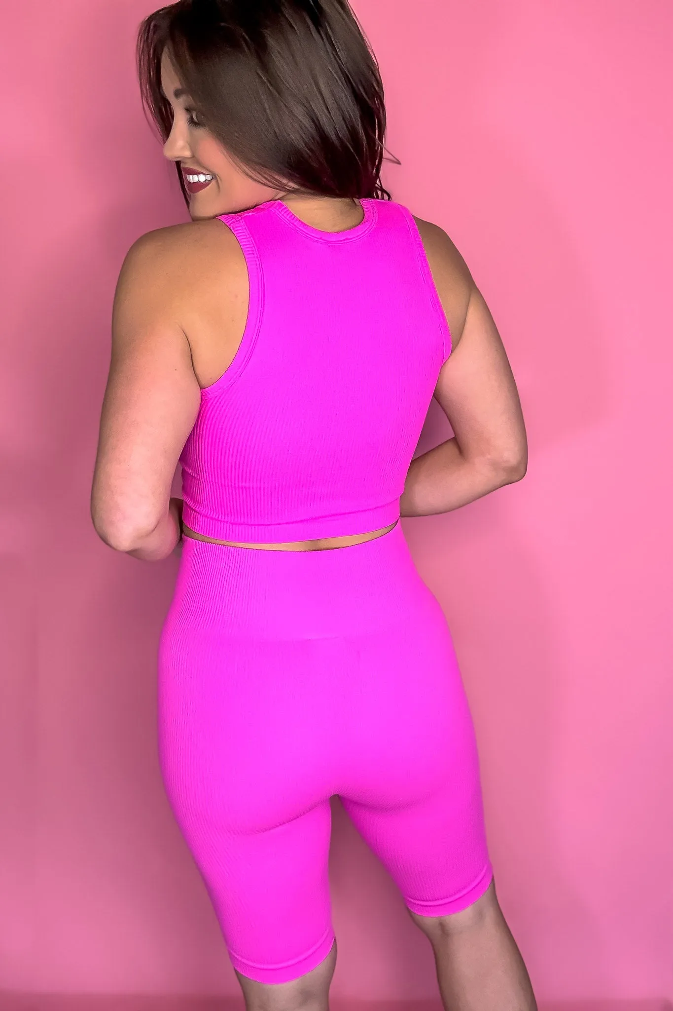 Dynamic Fashion Hot Pink Ribbed Crop Tank And High Waist Biker Short