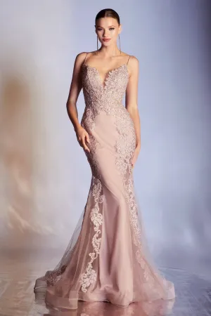 Elegant Mermaid Style Gown with Embroidered Bodice and Deep Neckline Ladivine CD945