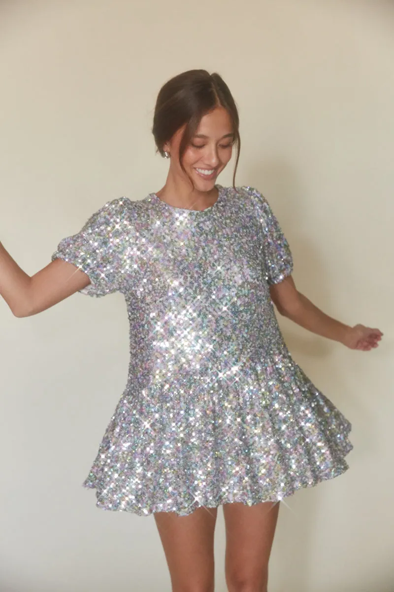 Elika Puff Sleeve Sequin Babydoll Mini Dress