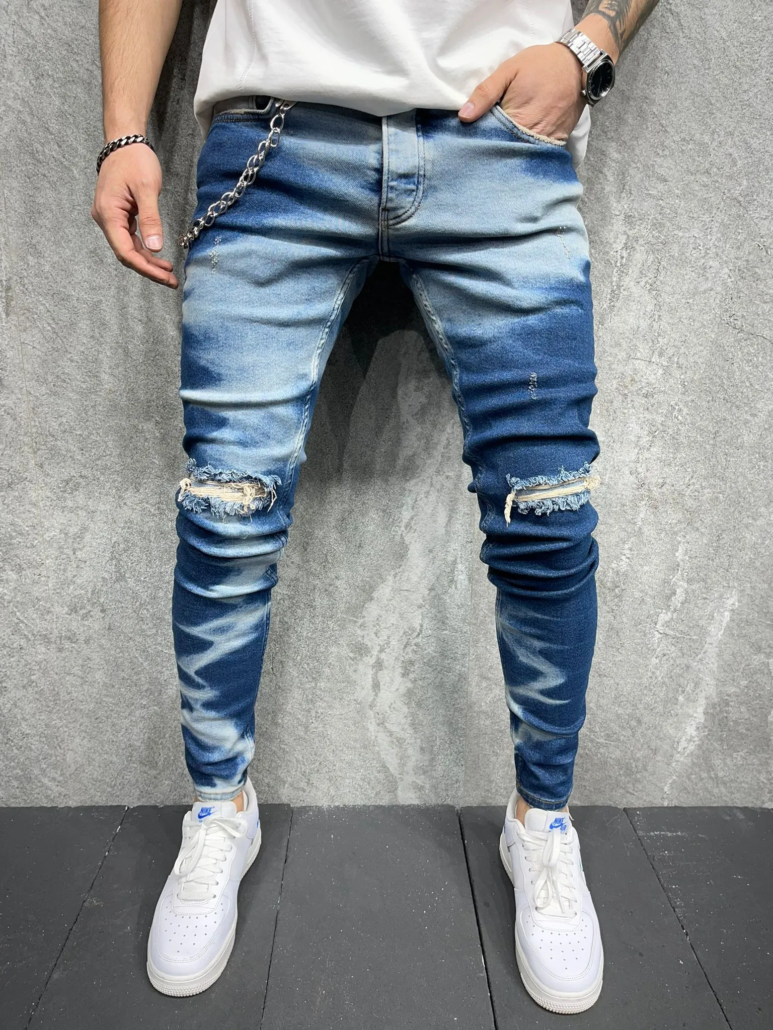 Fely Bleached Ripped Jeans   Chain - Blue Y14