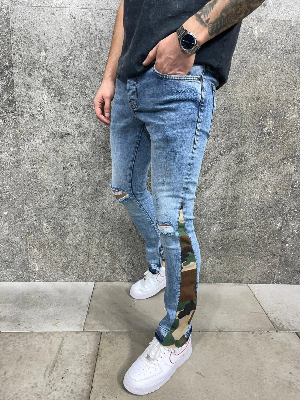 Flared Camo Skinny Jeans - Stonewashed Blue Y20